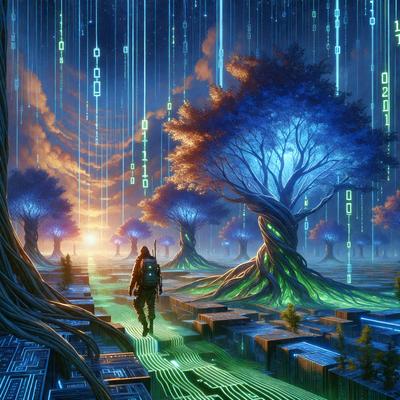 The primary subject of the image is a man walking down a path in a forest. The setting is a lush, green forest with trees and a blue sky. The visual style is digital art, as the man is depicted as a digital character. The colors and mood of the image are vibrant and serene, with the blue sky and green trees creating a peaceful atmosphere.